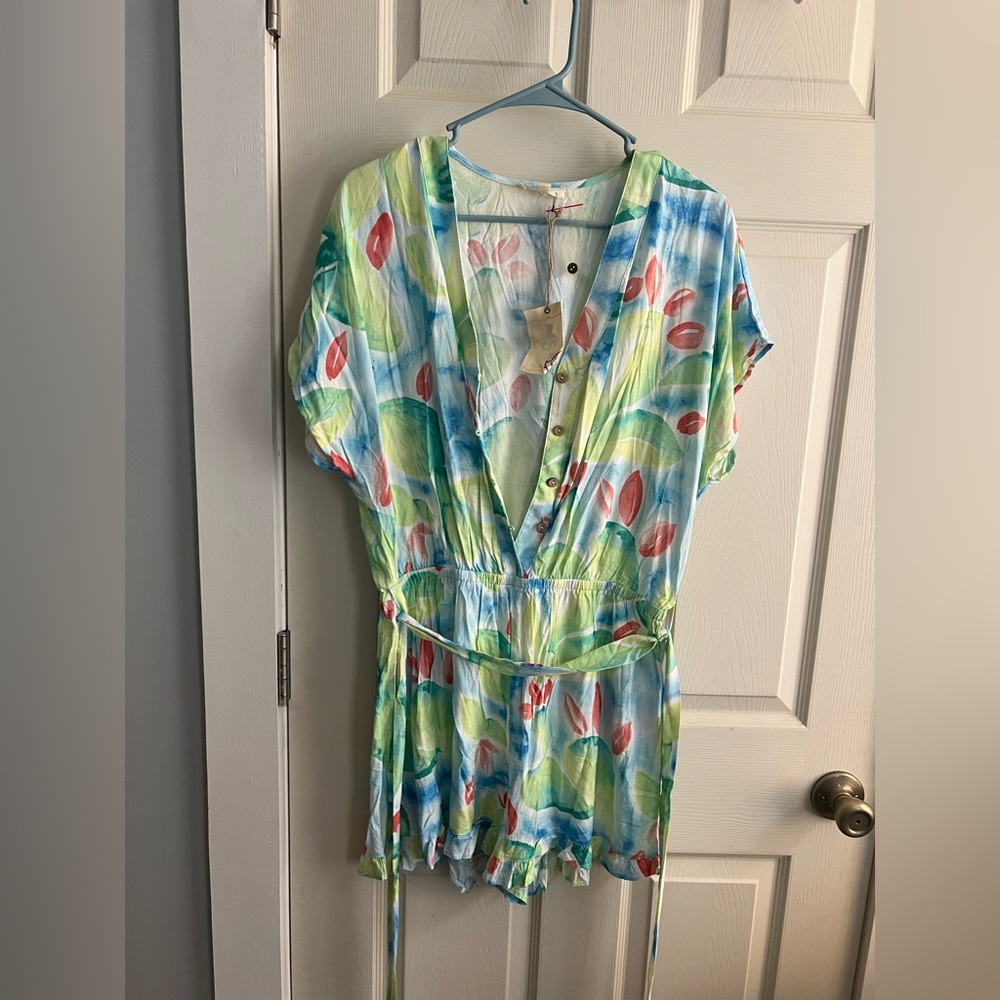 easel Watercolor Floral Romper in Blue, Green & Teal